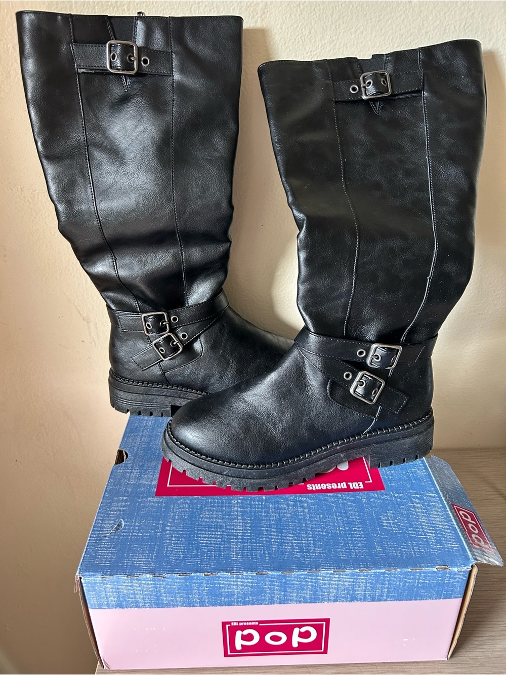 Nwt Pop Black Buckle Mid-Calf Women's Boots Size 7.5